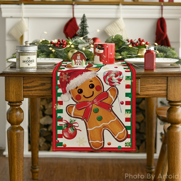 Pepparkaks-Candy Cane Julbordsskydd, Säsongsbetonad Vinterköksbordsskydd för Hemfest Dekoration 13x90 Tum Red