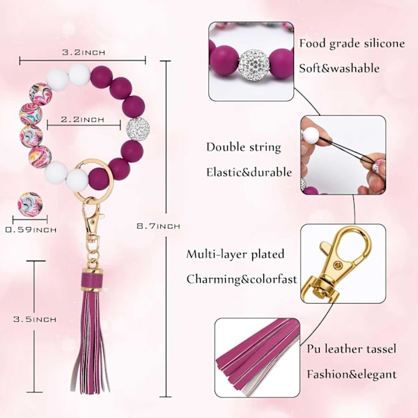 Silikonperle Armbånd Nøglering Håndledsrem Nøglering Bangle Kæder til Kvinder med Læder Kvast Flower Plum