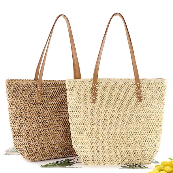 Flettet taske Fashion Stor kapacitet Casual dame skulder strå taske strandtaske - Karamel farve Caramel Color