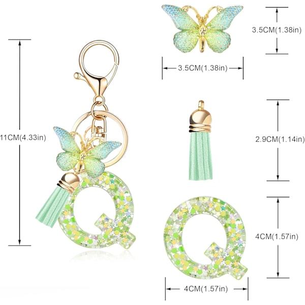 Mode Alphabet Initial Bogstav Nøglering Tassel Butterfly Vedhæng Nøglering til Pung Håndtasker Kvinder Pige Green Butterfly Letter Q