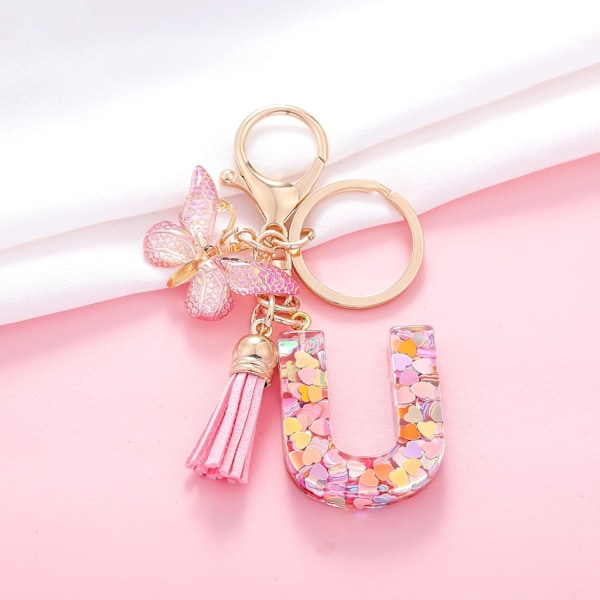 Mode Alphabet Initial Bogstav Nøglering Tassel Butterfly Vedhæng Nøglering til Pung Håndtasker Kvinder Pige Pink Butterfly Letter U