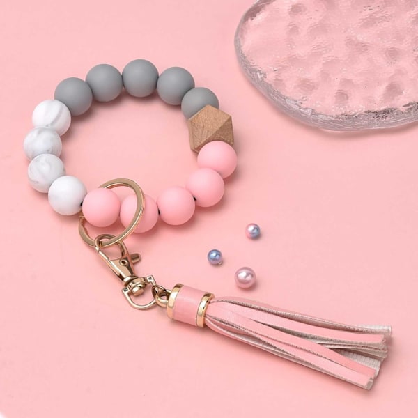 Silikonperle Armbånd Nøglering Håndledsrem Nøglering Bangle Kæder til Kvinder med Læder Kvast Pink