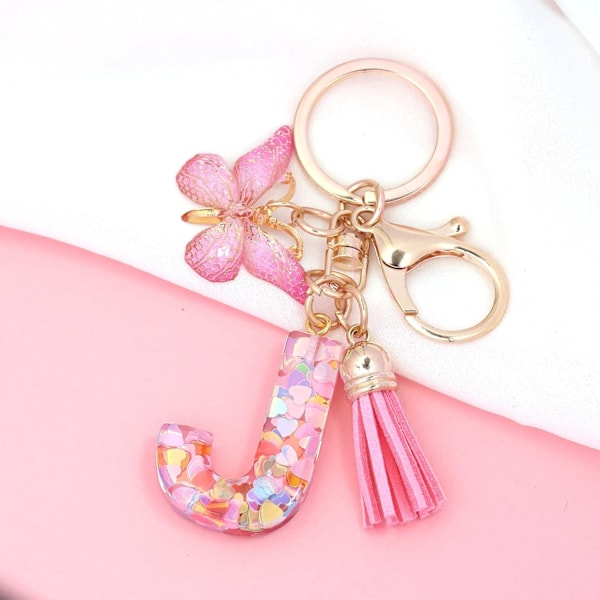 Mode Alphabet Initial Bogstav Nøglering Tassel Butterfly Vedhæng Nøglering til Pung Håndtasker Kvinder Pige Pink Butterfly Letter J