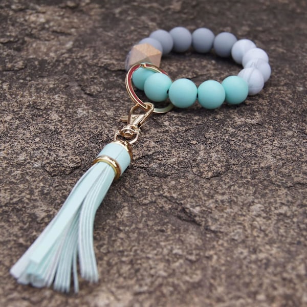 Silikonperle Armbånd Nøglering Håndledsrem Nøglering Bangle Kæder til Kvinder med Læder Kvast Mint Green