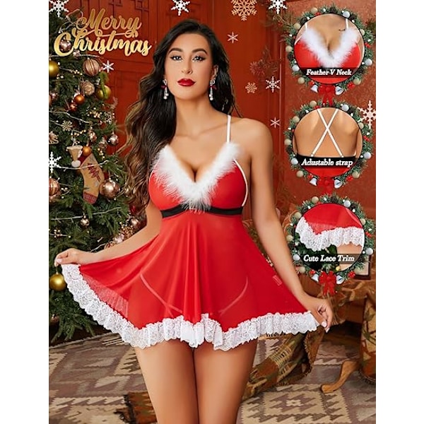 Damkläder Julunderkläder Röd Santa Babydolls Chemises Set XXL