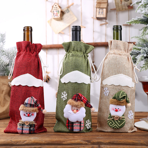 Fängslande Jul Linne Flaskhöljen - Grön Tomte - tema, 30*14CM för Vin & Champagne, Julbord Dekoration Nödvändighet