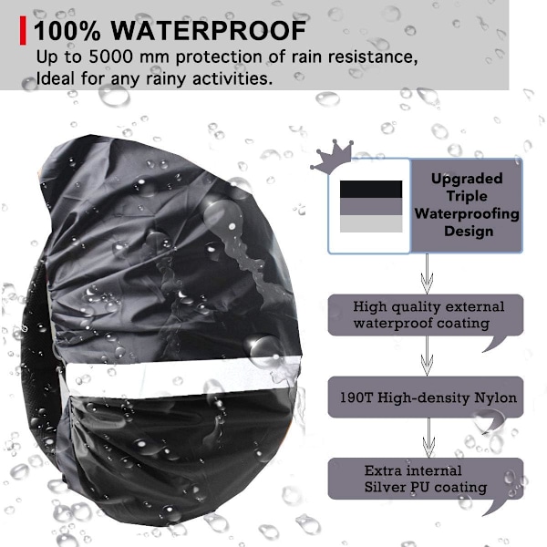 Hög Synlighet Ryggsäcksregnöverdrag med Reflekterande Remsa 100% Vattentät Ultralätt Ryggsäcksöverdrag, Förvaringsficka, Svart M (För 25L-35L Ryggsäck) Black M