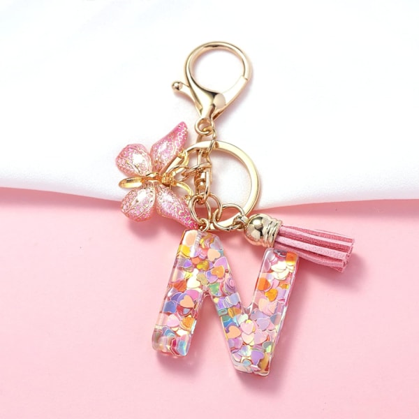 Mode Alphabet Initial Bogstav Nøglering Tassel Butterfly Vedhæng Nøglering til Pung Håndtasker Kvinder Pige Pink Butterfly Letter N
