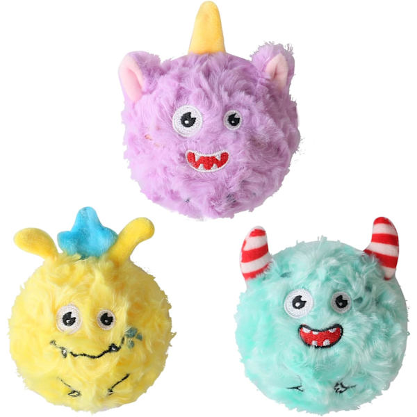 DKING 3-pak Squeaky Hundefballer, 2 i 1 Morsomme Valpeballleker, Bursdags Hundefilek for Små og Mellomstore Hunder (Monster Ball) 3