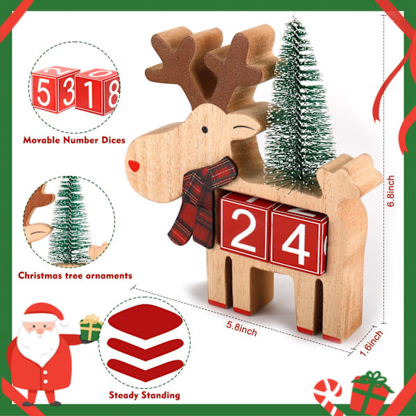 Jule-reindeer adventskalender, elg juletræ nedtælling borddekoration, kreativ skulptur heldig hjort som midtpunkt, håndlavet