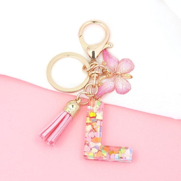 Mode Alphabet Initial Bogstav Nøglering Tassel Butterfly Vedhæng Nøglering til Pung Håndtasker Kvinder Pige Pink Butterfly Letter L
