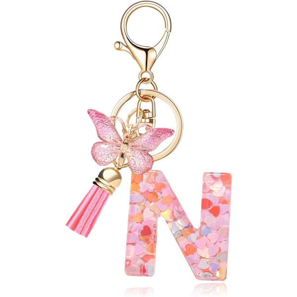 Mode Alphabet Initial Bogstav Nøglering Tassel Butterfly Vedhæng Nøglering til Pung Håndtasker Kvinder Pige Pink Butterfly Letter N