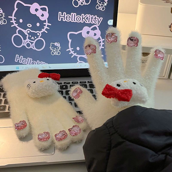 Glittriga Vantar för Kvinnor på Vintern - Varma, Fluffiga Hello KT - tema Pälsvantar med Tjocklek för Studenters Fem - fingerskydd! pink