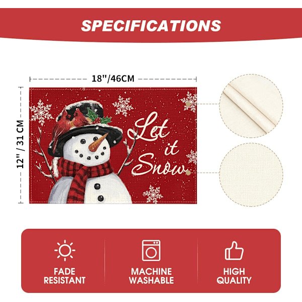 Punainen Lumimies Let It Snow -talvipöytäliinat, 4 kpl, 12x18 tuumaa, jouluiset pöytäliinat juhliin, keittiöön ja ruokailuun Red