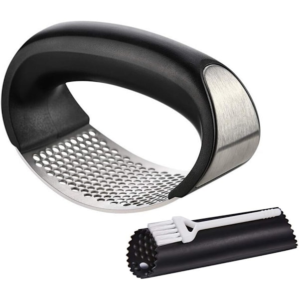 Hvidløgspresse Rocker i Rustfrit Stål, 3-i-1 Hvidløgshakker + Hvidløgspiller i Silikon + Børst, Hvidløgsknuser Mincer Masher Clove Mincing Crusher