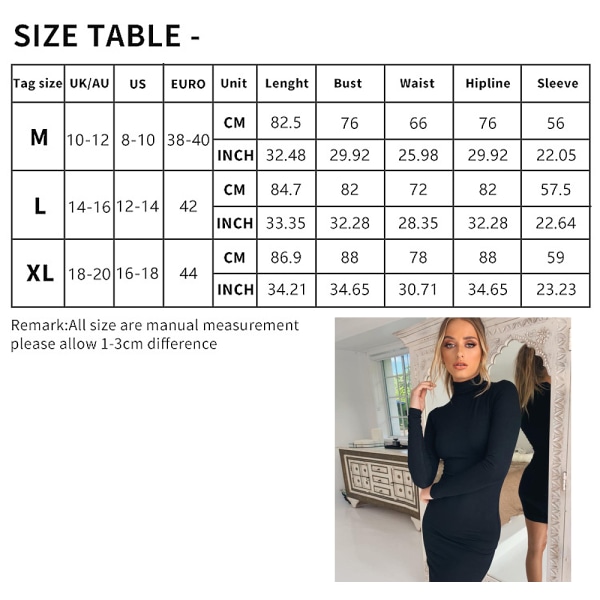 Sexede Bodycon Kjoler til Kvinder Basic Langærmet Turtleneck Kjole l