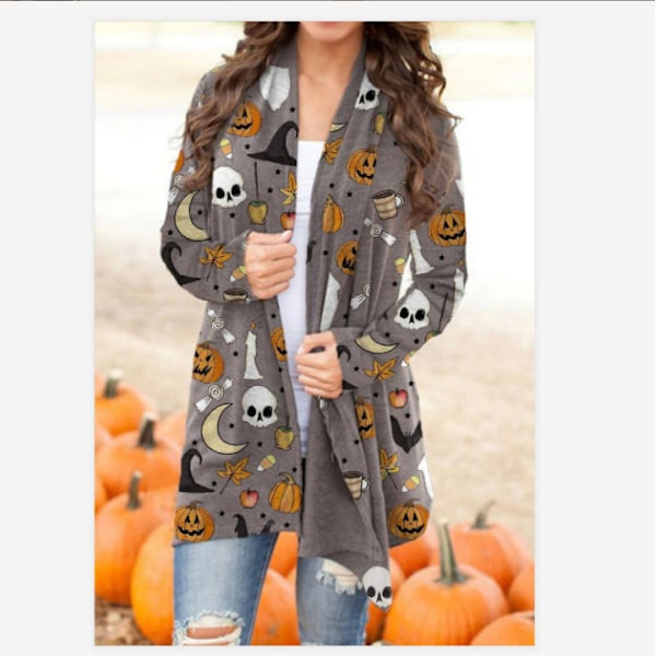 Dam Cardigan med Halloween Pumpa Katt Tryck Stickad Långärmad Öppen Fram Knitted Tröja Ytterkläder Toppar M