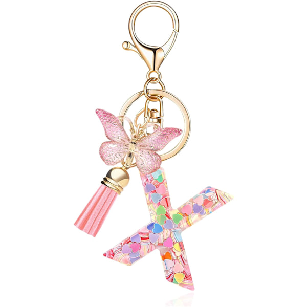 Mode Alphabet Initial Bogstav Nøglering Tassel Butterfly Vedhæng Nøglering til Pung Håndtasker Kvinder Pige Pink Butterfly Letter X