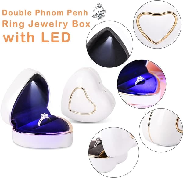 Hjerteforlovelsesringboks LED Ringboks Smykkeboks Bryllupsringboks Frieri Hvit