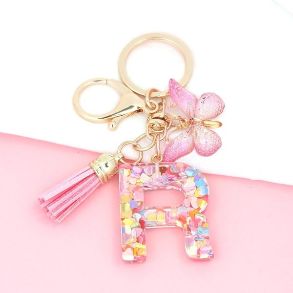 Mode Alphabet Initial Bogstav Nøglering Tassel Butterfly Vedhæng Nøglering til Pung Håndtasker Kvinder Pige Pink Butterfly Letter R