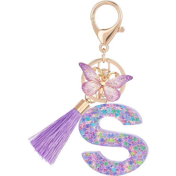Sööt roosad võtmehoidjad naistele ja tüdrukutele, algustähega võtmehoidjad tutiga, ripatsid võtmetele, rahakotile, käekottidele ja seljakottidele Purple Butterfly Letter-s