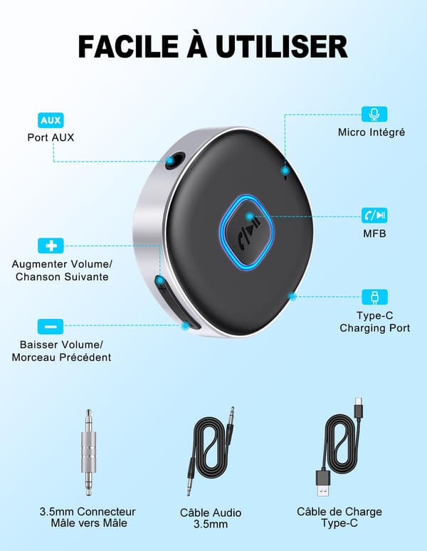 Bluetooth 5.3 bilstereo-mottaker trådløs AUX-adapter for høyttalerlydsystem hodetelefoner