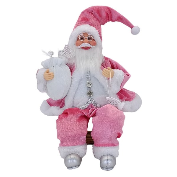 Sittande jultomtedocka med presentsäck och björn, tomtedekoration, sittande jultomte plyschprydnad, heminredningspresent (rosa)