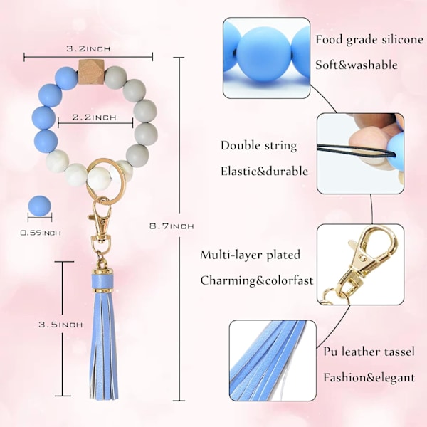 Silikonperle Armbånd Nøglering Håndledsrem Nøglering Bangle Kæder til Kvinder med Læder Kvast Blue