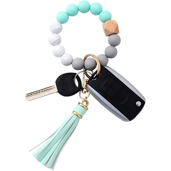 Silikonperle Armbånd Nøglering Håndledsrem Nøglering Bangle Kæder til Kvinder med Læder Kvast Mint Green