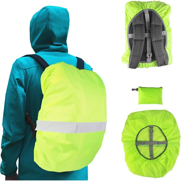 Hög Synlighet Ryggsäcksregnöverdrag med Reflekterande Remsa 100% Vattentät Ultralätt Ryggsäcksöverdrag, Förvaringsficka, Neon Grön M (För 25L-35L Ryggsäck) Neon Green M