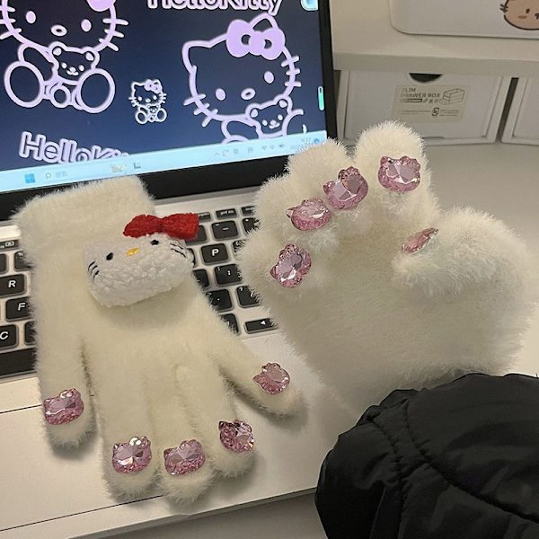 Glitterhansker for kvinner om vinteren - Varme, fluffy Hello KT - tema pelsvotter med tykkelse for studenters fem - fingers beskyttelse! pink