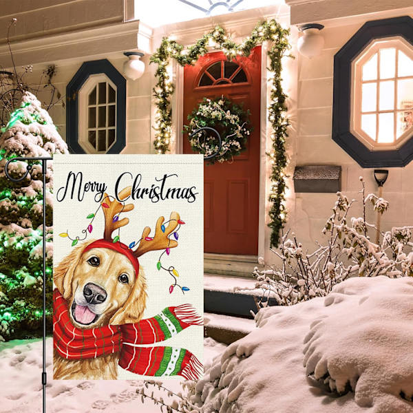 Julehageflagg 12x18 Dobbeltsidig, Burlap Velkommen Vinter Jul Golden Retriever Hund Hage Hageflagg (BARE FLAGG) Christmas