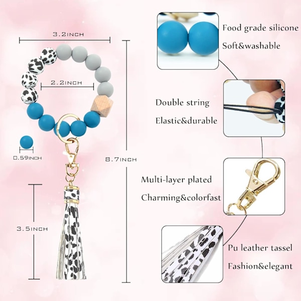 Silikonperle Armbånd Nøglering Håndledsrem Nøglering Bangle Kæder til Kvinder med Læder Kvast Turquoise