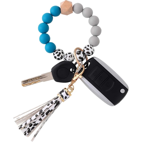 Silikonperle Armbånd Nøglering Håndledsrem Nøglering Bangle Kæder til Kvinder med Læder Kvast Turquoise
