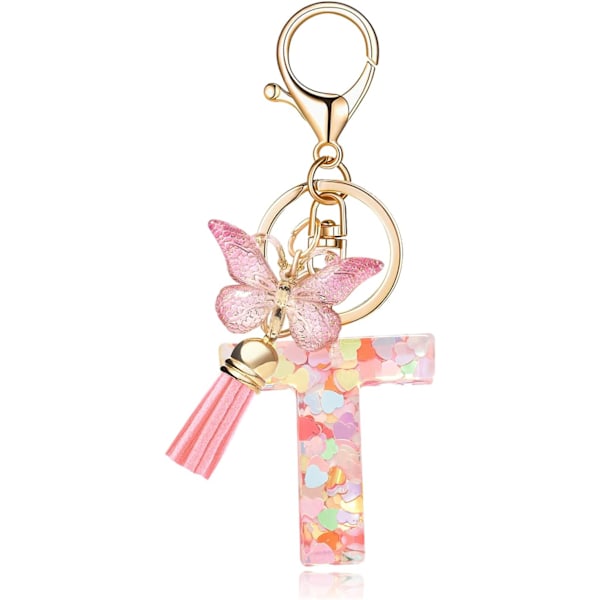Mode Alphabet Initial Bogstav Nøglering Tassel Butterfly Vedhæng Nøglering til Pung Håndtasker Kvinder Pige Pink Butterfly Letter T