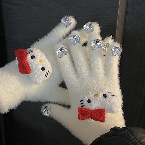 Glittriga Vantar för Kvinnor på Vintern - Varma, Fluffiga Hello KT - tema Pälsvantar med Tjocklek för Studenters Fem - fingerskydd! white