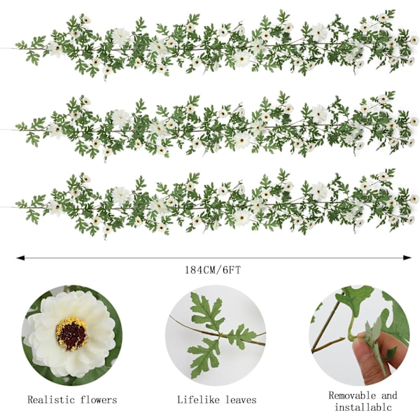 Kunstige Blomster Lilla Kranser, 1,77 m Lange Kunstige Blomsterkranser med 2 Ulike Blomsterhoder og Farger, Dahlia Kunstig Krans Hengevin Off-white