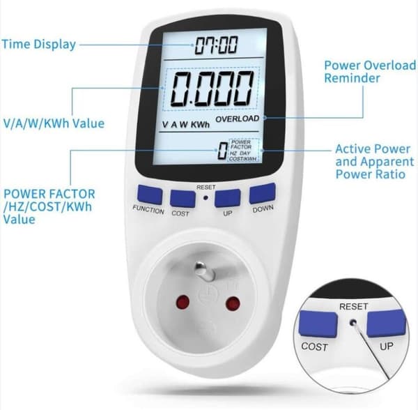 Strømuttak med energimåler, 7 moduser, LCD-skjerm, energibesparende energimåler, 3680 W