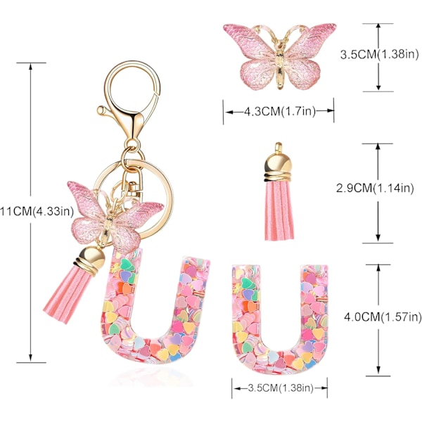 Mode Alphabet Initial Bogstav Nøglering Tassel Butterfly Vedhæng Nøglering til Pung Håndtasker Kvinder Pige Pink Butterfly Letter U