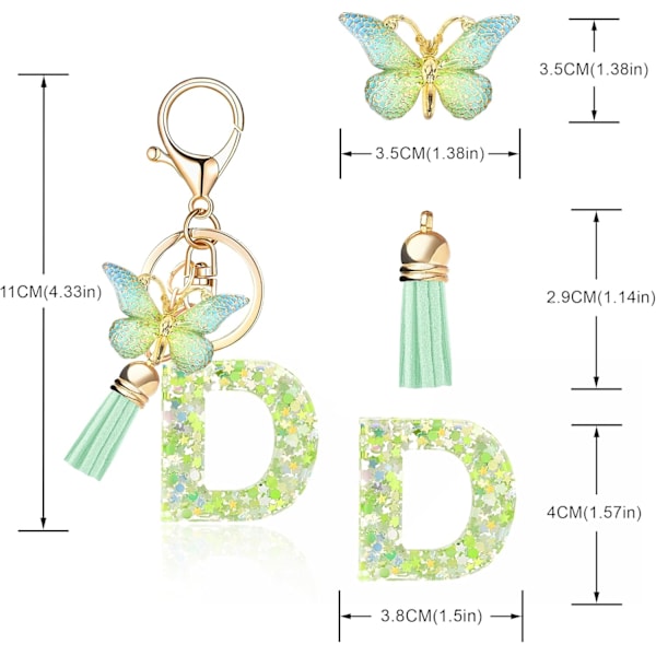 Mode Alphabet Initial Bogstav Nøglering Tassel Butterfly Vedhæng Nøglering til Pung Håndtasker Kvinder Pige Green Butterfly Letter D