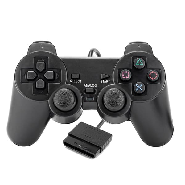 Svart kablet gamepad for PS2-konsoll med dobbel vibrasjon, Plug and Play
