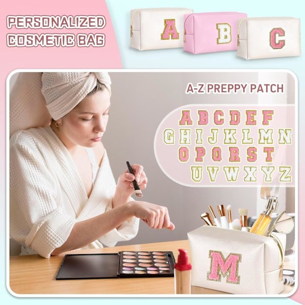 PU Læder Kosmetikpose Opbevaringspose 27 Bogstaver Makeuppose Stor Kapacitet Rejse Toilettaske Kvinder Piger Fødselsdagsgave Opbevaringspose Blanc-3