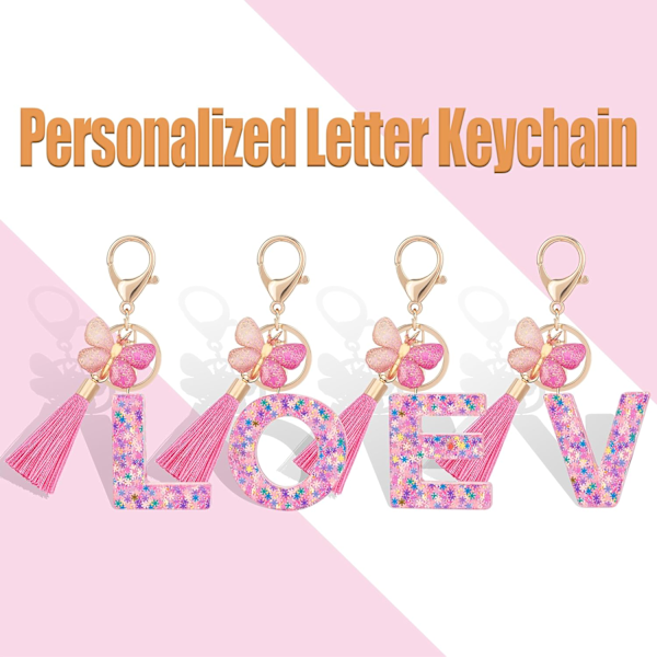 Sødt Rosa Nøglering til Kvinder Piger, Initialbogstav Nøglering med Kvast, Charms til Nøglepung Håndtasker Rygsække Colorful Pink Butterfly-a