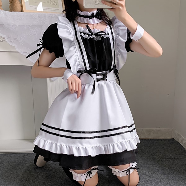 Lolita Pigekjole Sort og Hvid Uniform Kjole Sort og Hvid M E M