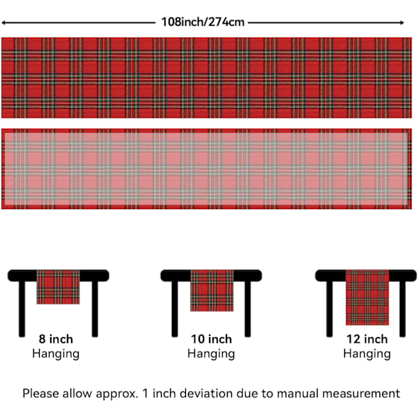Julebordløber i ternet tartan - rød buffalo plaid juledug, pletbestandig, vaskbar, 13 x 108 tommer Red Plaid