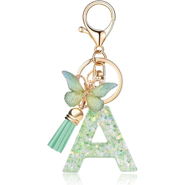 Mode Alphabet Initial Bogstav Nøglering Tassel Butterfly Vedhæng Nøglering til Pung Håndtasker Kvinder Pige Green Butterfly Letter a