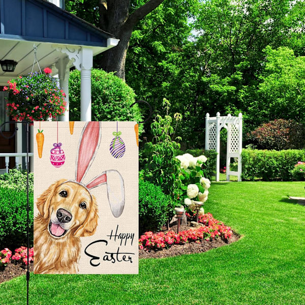 Glædelig Jul Haveflag 12x18 Dobbeltsidet, Burlap Velkommen Vinter Jul Golden Retriever Hund Havegård Flag (KUN FLAG) #03280-Easter