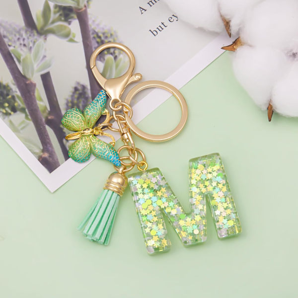 Mode Alphabet Initial Bogstav Nøglering Tassel Butterfly Vedhæng Nøglering til Pung Håndtasker Kvinder Pige Green Butterfly Letter M