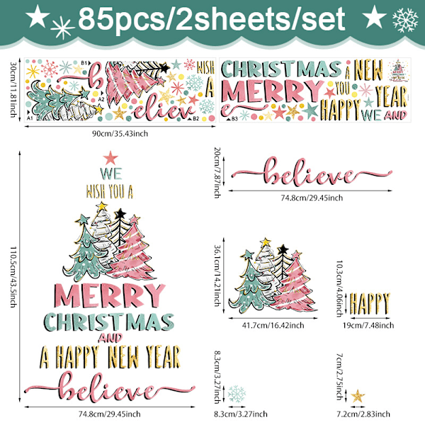 Vannfarge - stil juletrær veggklistremerker - 85 stk i 2 ark på 30*90cm PVC, jule - tema dekor for vegger og vinduer i hjemmet