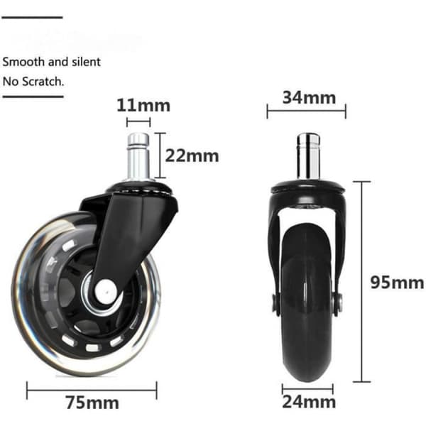 Set med 5 75 mm möbelhjul stål + PU svängbar tapp kraftig tyst